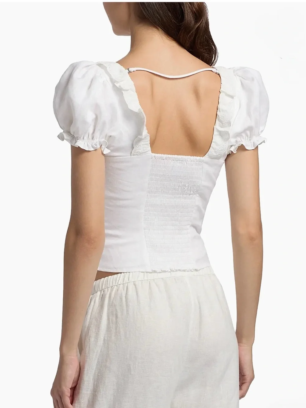 Reformation Alice Embroidered-Linen Top White Puff-Sleeve Square Neck Sz 4 women